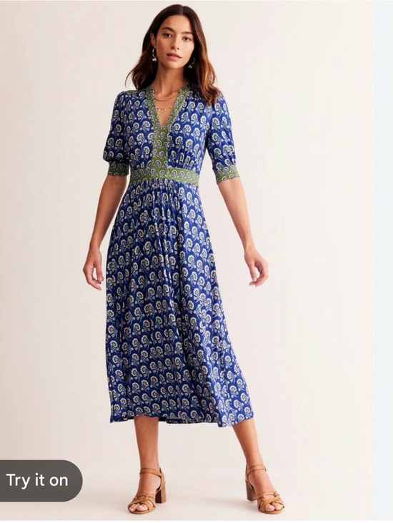 Boden Dresses & Skirts - Boden Lily Blue Floral Print Midi Dress with Green Trim